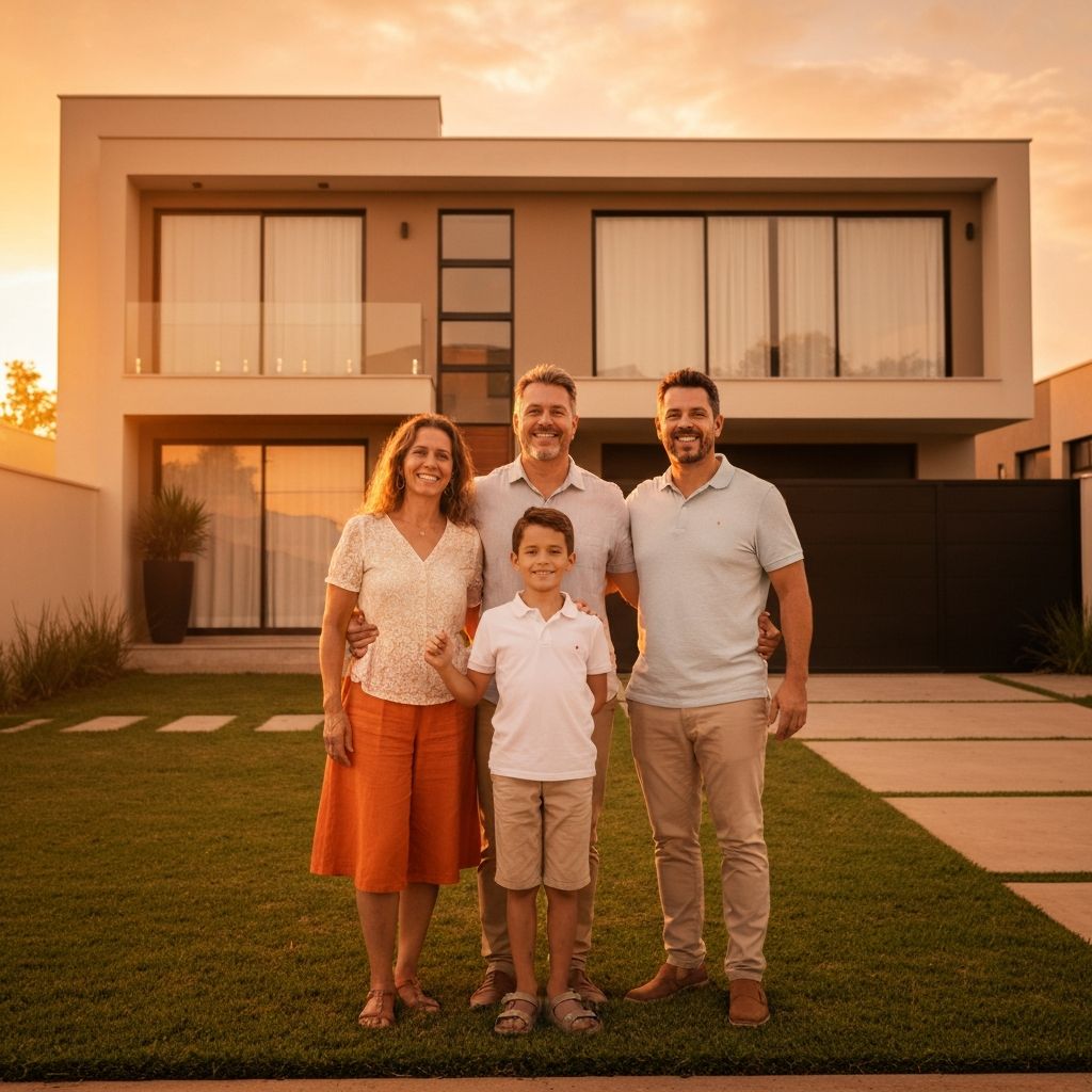 Família feliz com as chaves do seu novo lar